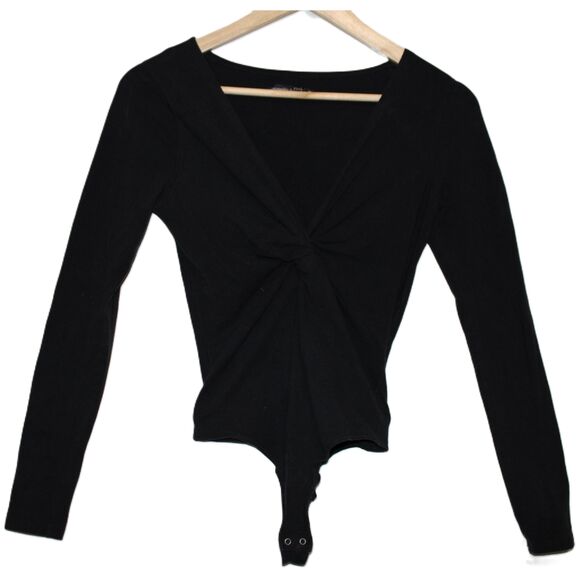 Womens Abercrombie & Fitch Black Cotton Long Sleeve V-Neck Bodysuit Size Small S - Picture 1 of 7